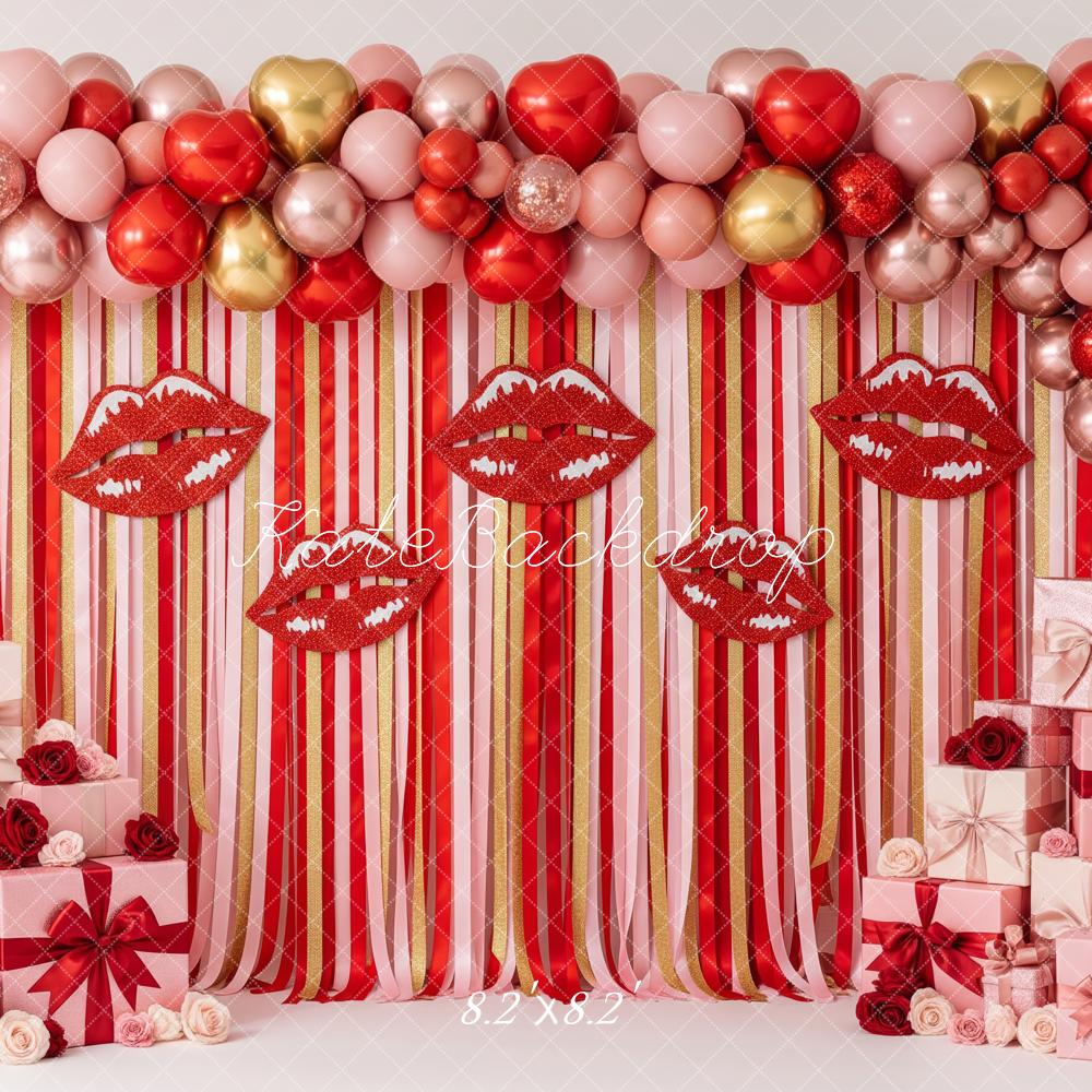 Kate Valentine's Day Red Lips Balloons Gift Boxes Striped Printed Backdrop Designed by Patty Roberts