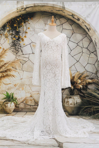 Kate White Lace Trailing Custom Maternity Photoshoot Gowns, L / White Kate White Lace Trailing Custom Maternity Photoshoot Gowns, L / White