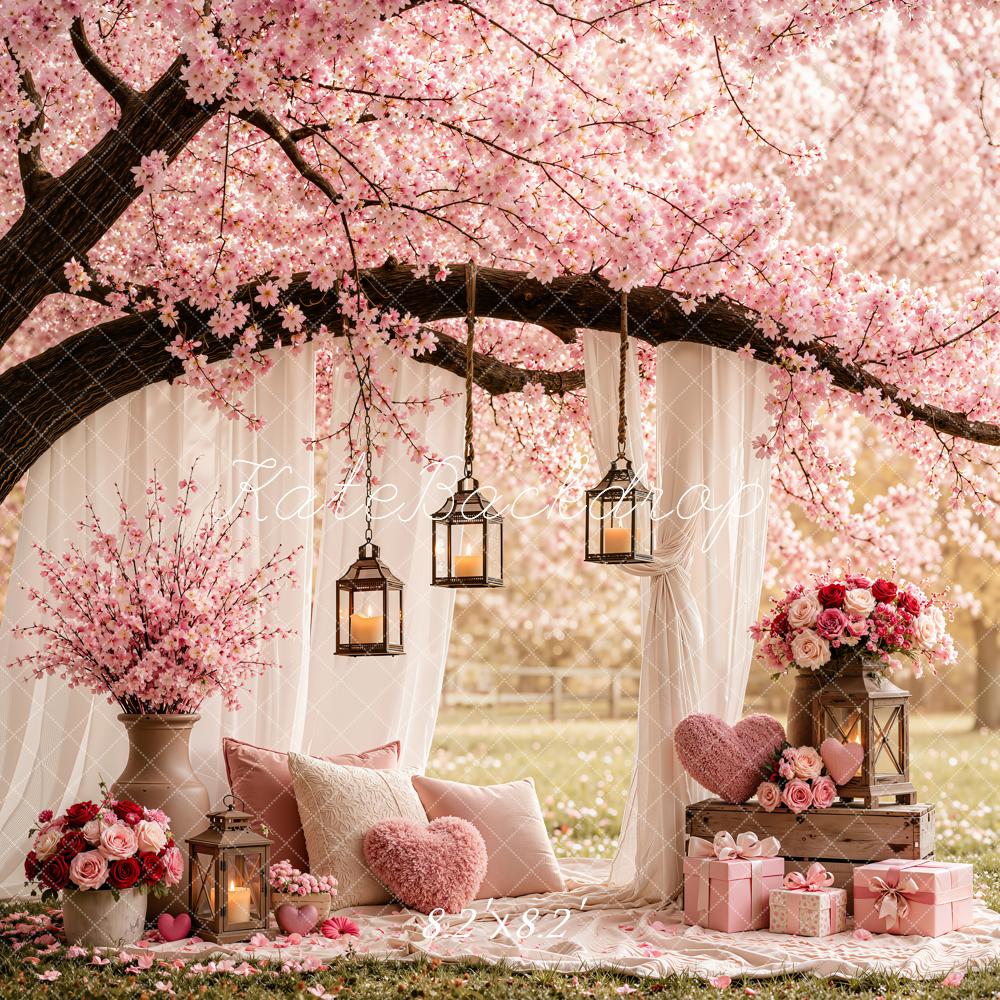 Kate Valentine's Day Cherry Blossom Branch Arch Drapes Hearts Pillow Printed Backdrop Designed by Emetselch