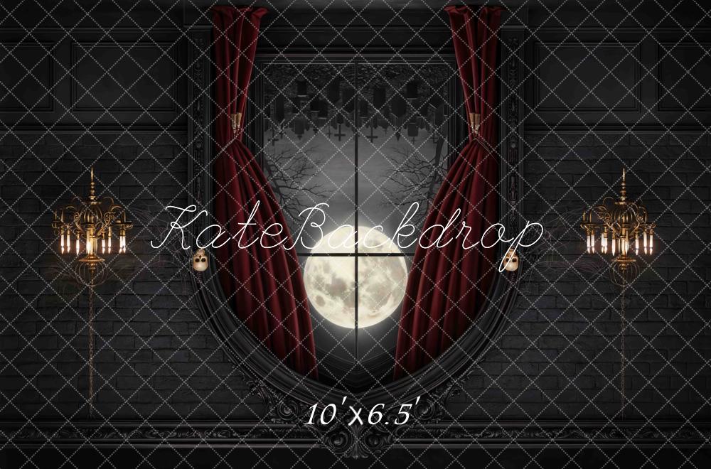 Kate Halloween Vampire Gothic Window Full Moon Red Curtain Printed Backdrop Designed by Mini MakeBelieve