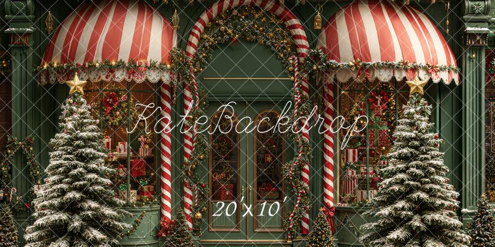 Kate Christmas Shop Candy Cane Striped Awning Snowy Trees Backdrop Designed by Emetselch