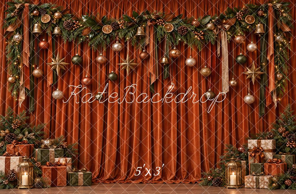 Kate Christmas Burnt Orange Velvet Curtain Ornaments Garland Lights Printed Backdrop Designed by Vertigo Productions