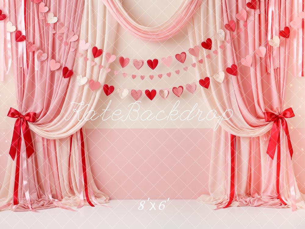 Kate Valentine's Day Heart Bunting Draped Curtains Bow Printed Backdrop Designed by Angela Miller