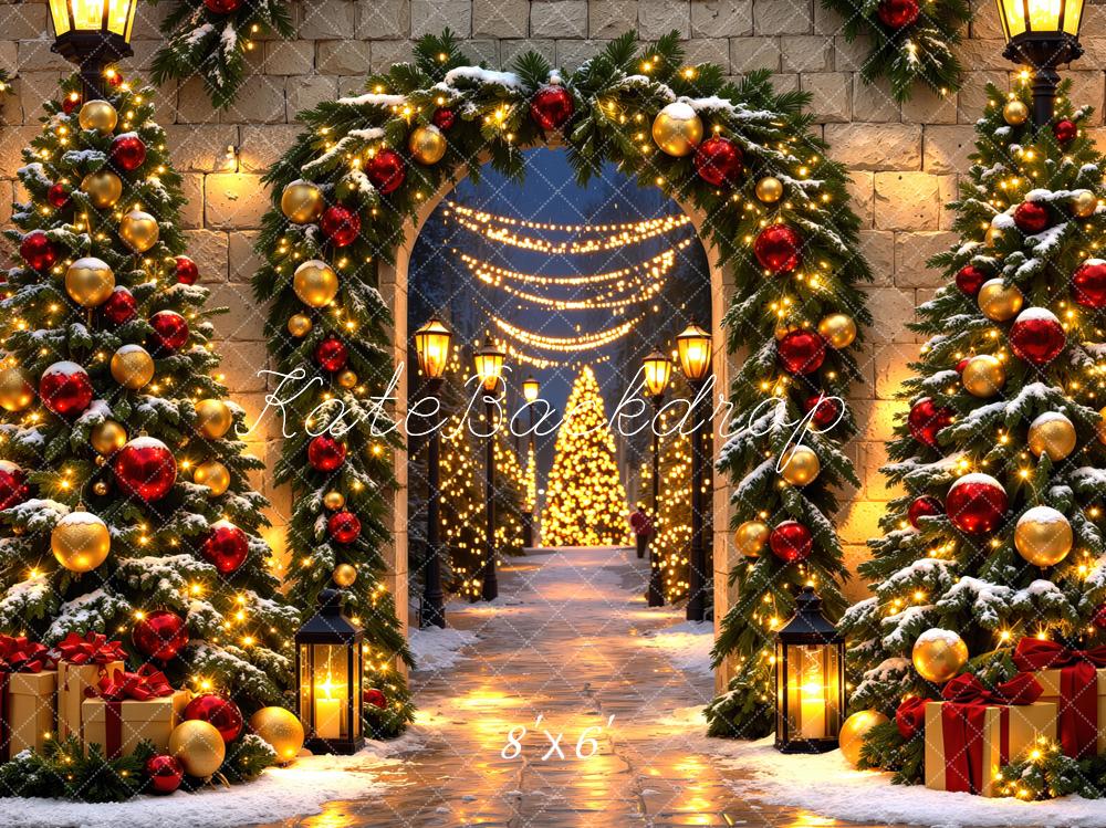 Kate Christmas Tree Archway Snow Ornaments Gifts Lights Printed Backdrop Designed by Mini MakeBelieve