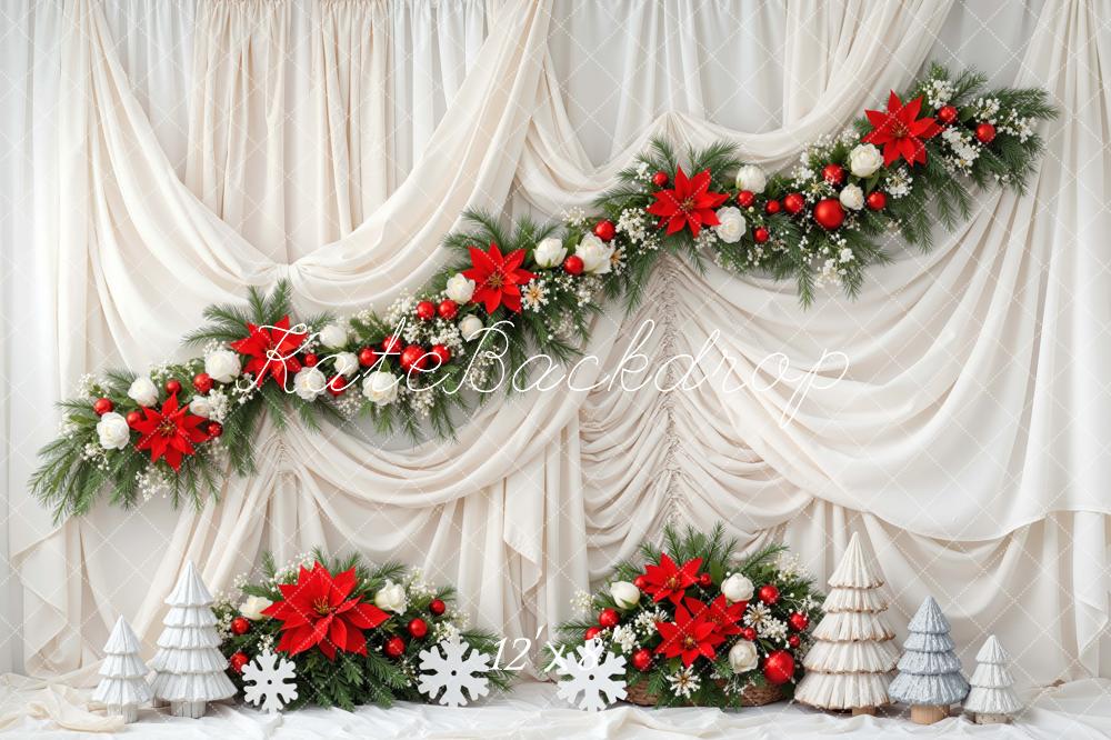 Kate Christmas Red Poinsettia Garland Cream Drapes Printed Backdrop Designed by Mini MakeBelieve
