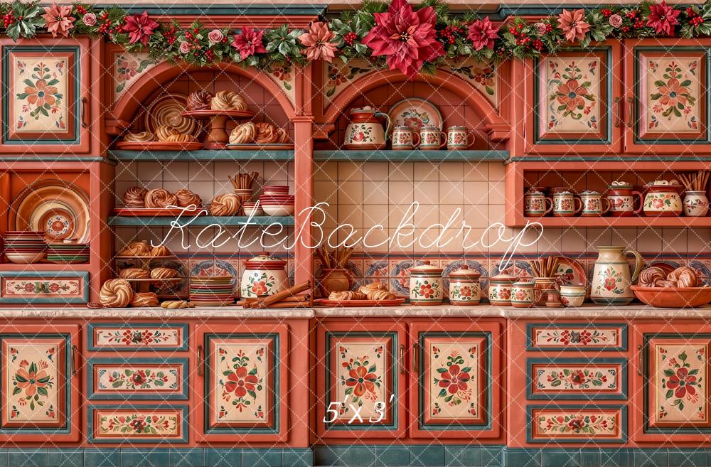 Kate Christmas Cultural Red Vintage Kitchen Cabinet Floral Garland Printed Backdrop Designed by Angela Miller