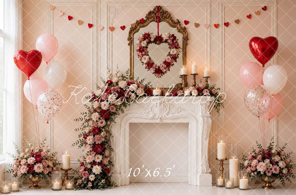 Kate Valentine's Day Pink Floral Fireplace Heart Balloons Printed Backdrop Designed by Shutter Swan Studios