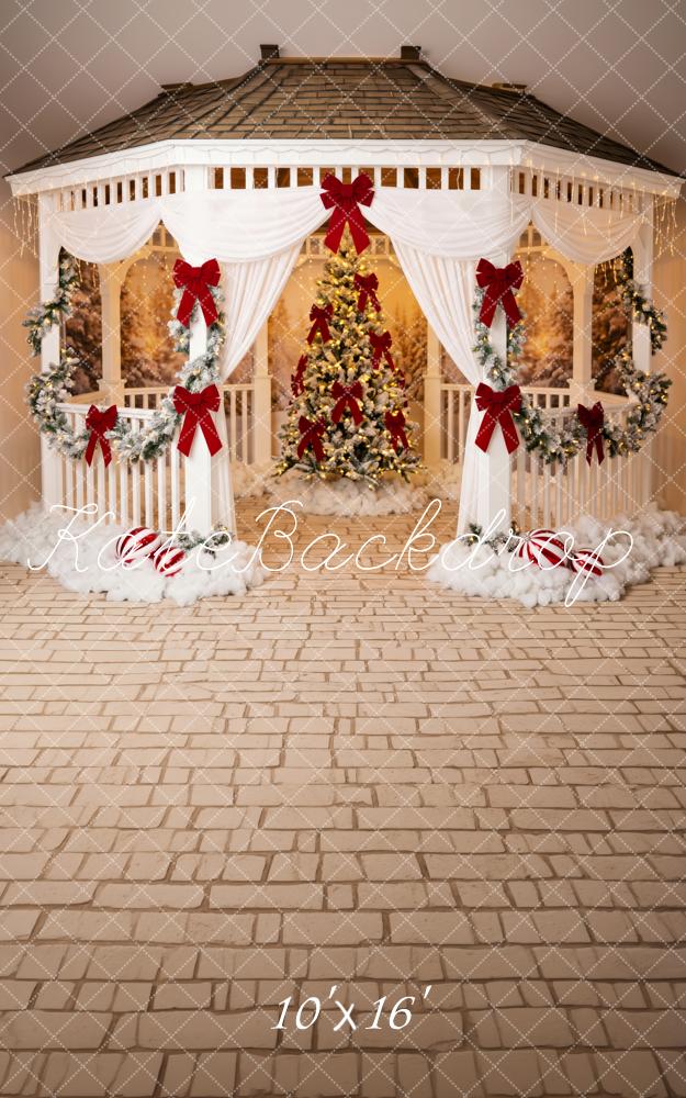 Kate Sweep Christmas Gazebo Tree Red Bows Cobblestone Printed Backdrop Designed by Patty Roberts