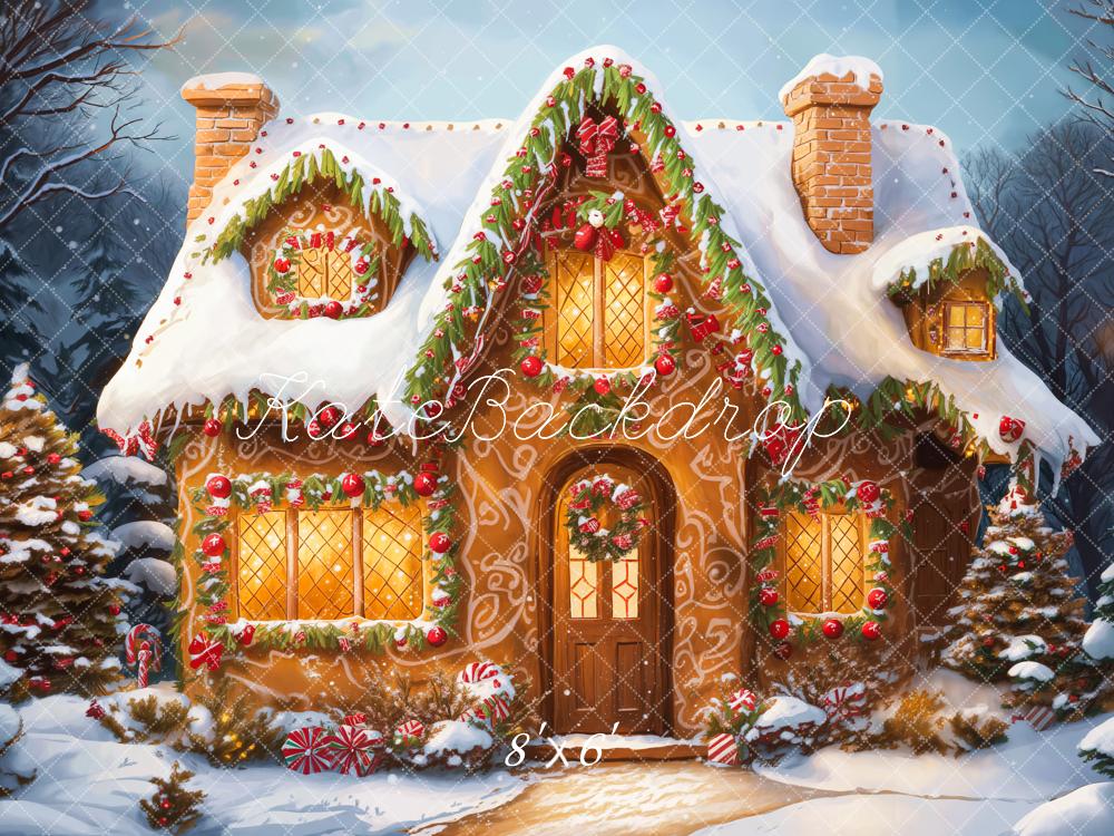 Kate Christmas Cartoon Cabin Snow White Printed Backdrop Designed by Emetselch