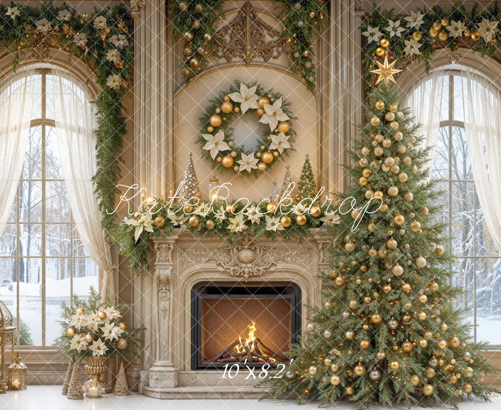 Kate Christmas Tree Fireplace Wreath Garland Arched Window Printed Backdrop Designed by Mini MakeBelieve