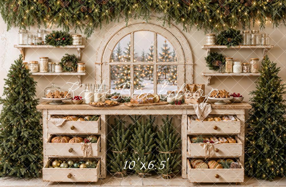 Kate Christmas Rustic Kitchen Bakery Garland Arched Window Printed Backdrop Designed by Emetselch
