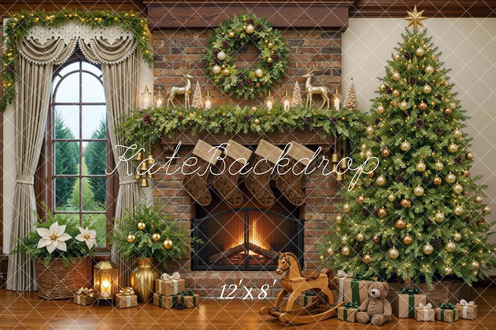 Kate Christmas Stone Fireplace Tree Wreath Window Printed Backdrop Designed by Mini MakeBelieve