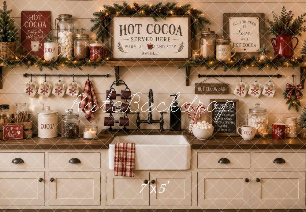 Kate Christmas Hot Cocoa Bar Rustic Kitchen Cabinet Printed Backdrop Designed by Megan Leigh Photography