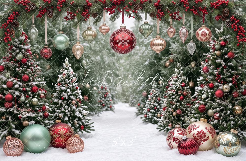 Kate Christmas Snowy Trees Ornament Garland Winter wonderland Printed Backdrop Designed by Angela Miller