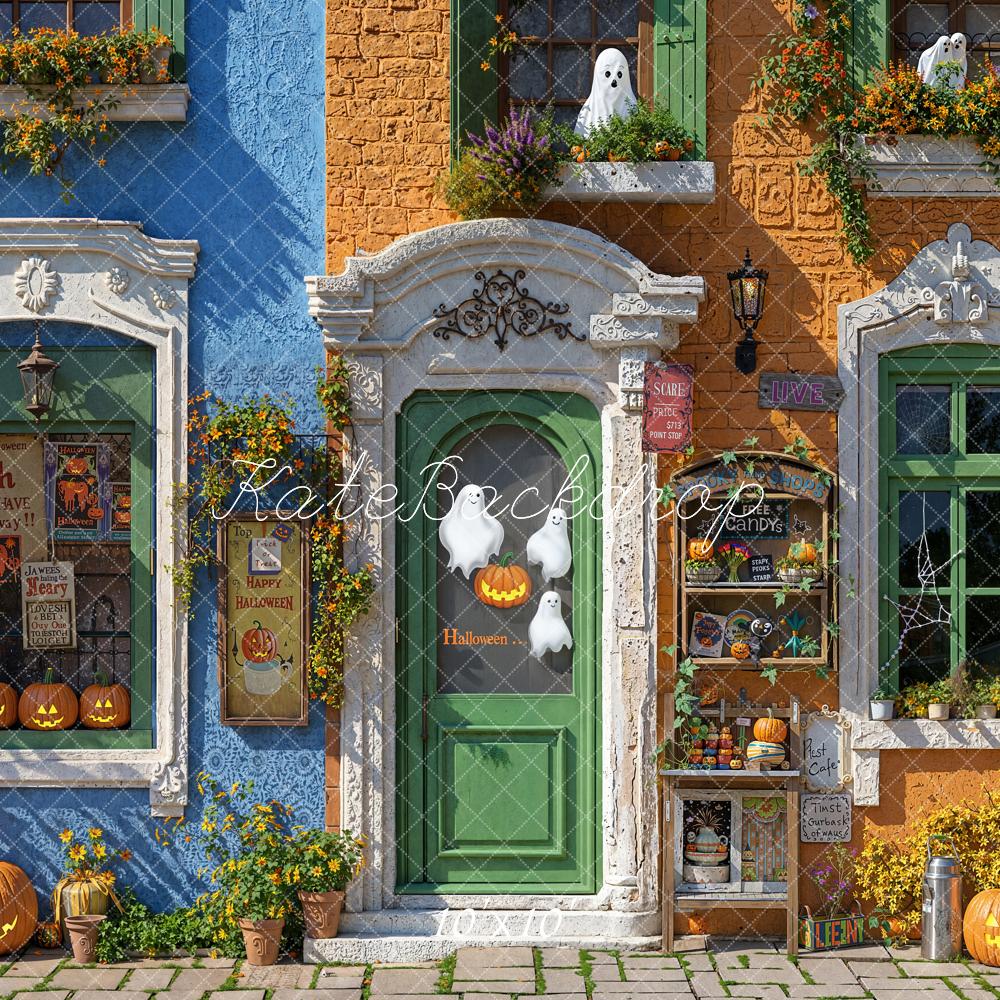 Halloween Straatwinkel Pompoenen Geesten Foto Achtergrond Designed by Emetselch