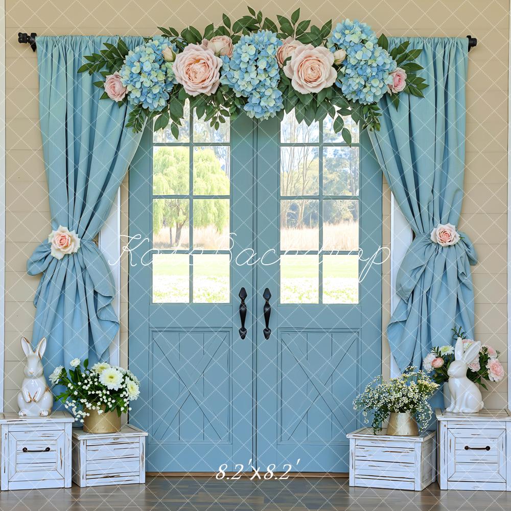 Kate Spring Bunny Blue Door Flower Arch Printed Backdrop Designed by Mini MakeBelieve