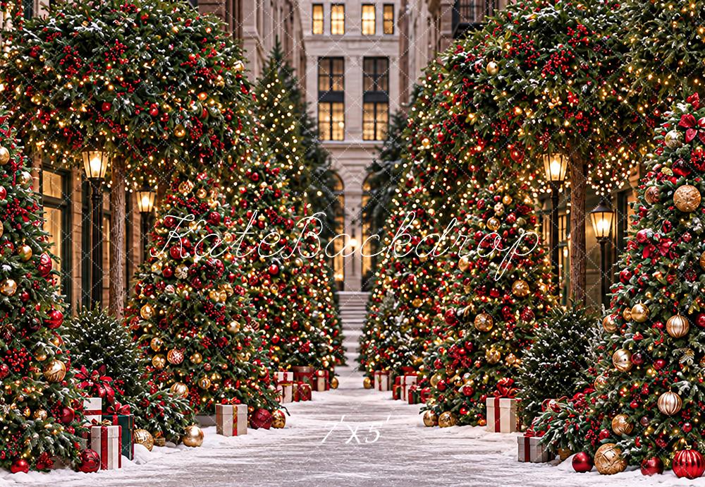 Kate Christmas Tree Shop Snowy City Street Printed Backdrop Designed by Angela Miller