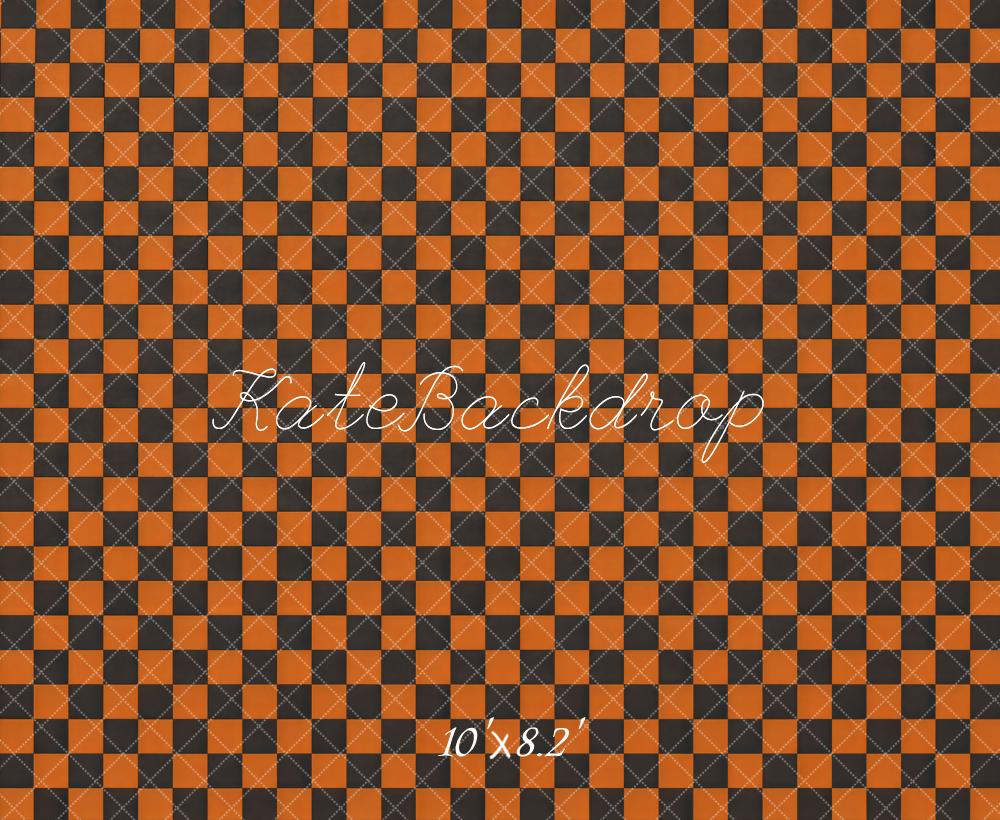 Kate Orange Black Checkerboard Pattern Floor Printed Backdrop Designed by Mini MakeBelieve