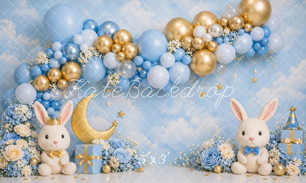 Kate Cake Smash Blue Bunny Balloon Arch Moon Stars Printed Backdrop Designed by Caitlin Lynch