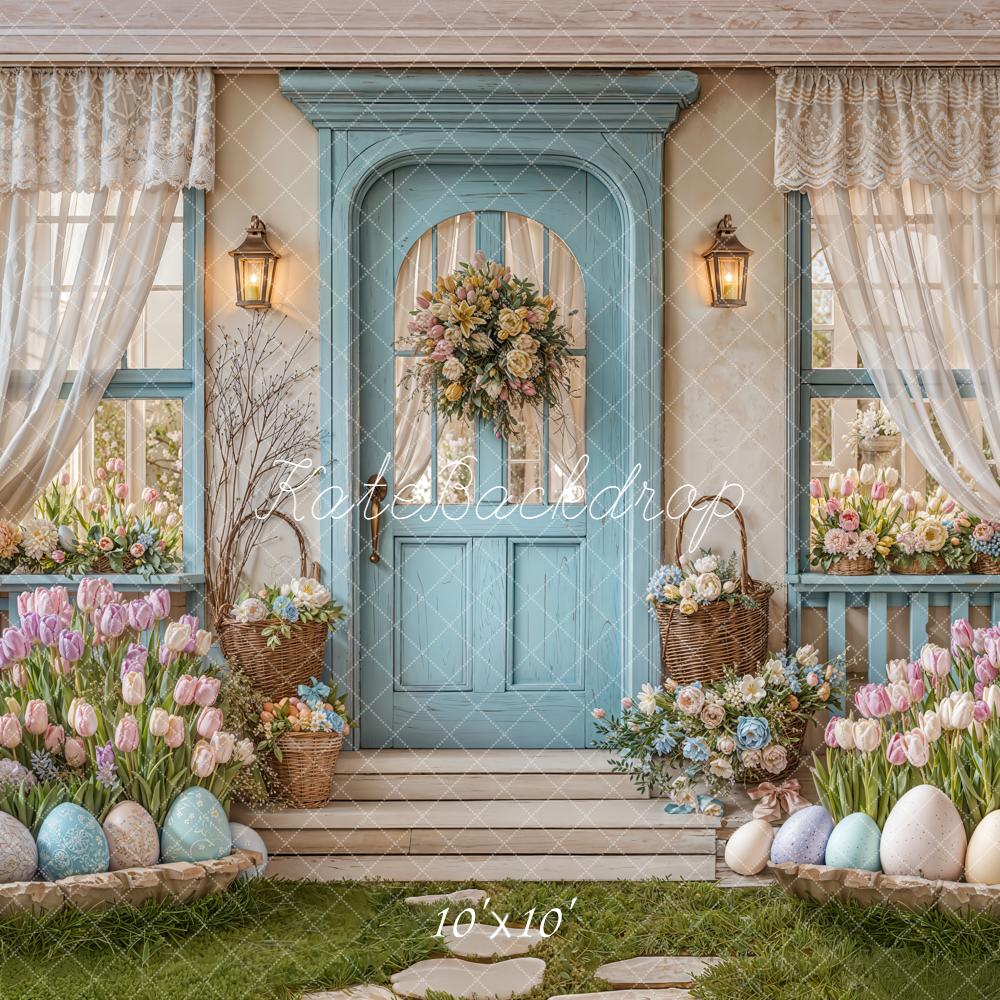 Kate Easter Pastel Eggs Tulips Blue Porch Door Backdrop Designed by Emetselch