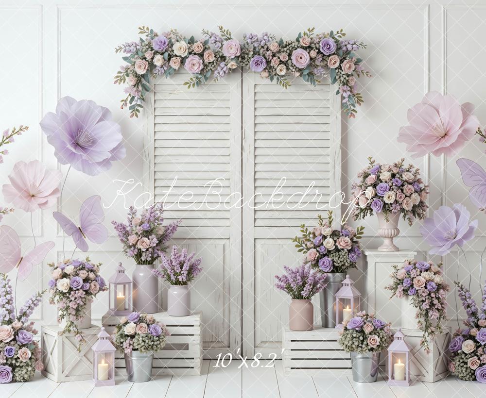 Kate Spring Lavender Flower Arch Shutter Doors Butterflies Lanterns Backdrop Designed by Mini MakeBelieve