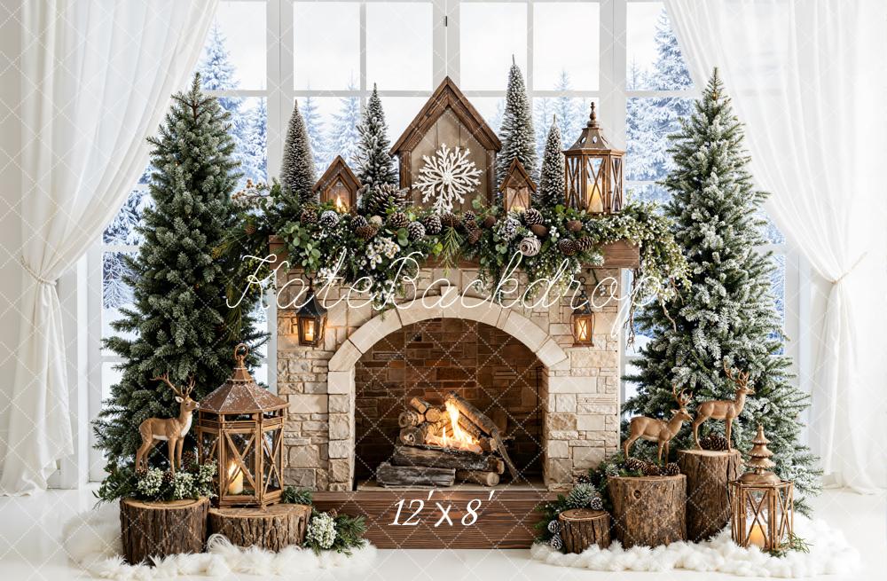 Kate Christmas Stone Fireplace Pine Trees Lanterns Deer Window Backdrop Designed by Emetselch