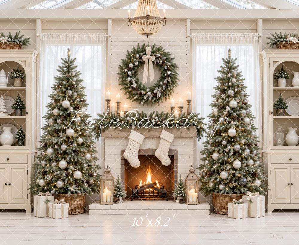 Kate Christmas Fireplace Christmas Trees Wreath White Cabinets Printed Backdrop Designed by Emetselch