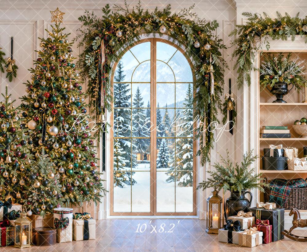 Kate Christmas Tree Garland Arched Window Shelf Printed Backdrop Designed by Mini MakeBelieve