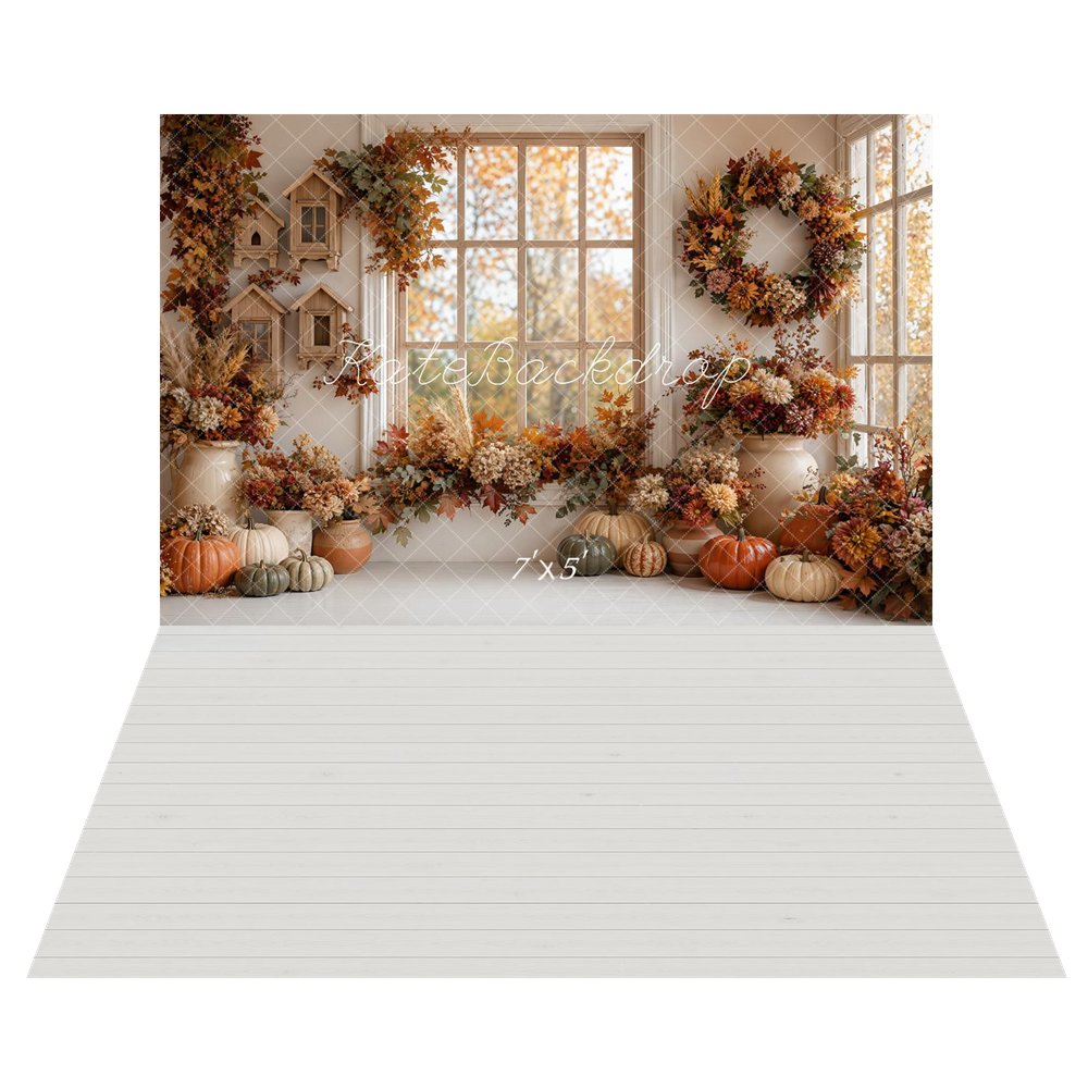 Kate Fall Cozy Interior Pumpkins Floral Window Wreath Printed Backdrop+White Wood Plank Rubber Floor Mat
