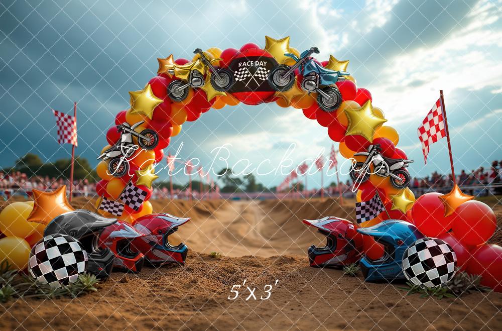 Kate Cake Smash Race Day Motorcycle Balloon Arch Checkered Flags Printed Backdrop Designed by Laura Bybee