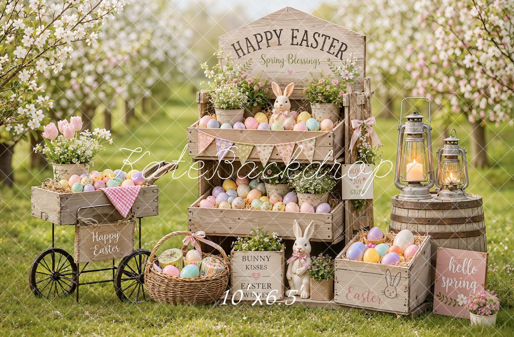 Kate Easter Spring Egg Flower Cart Bunny Cherry Blossoms Printed Backdrop Designed by Emetselch