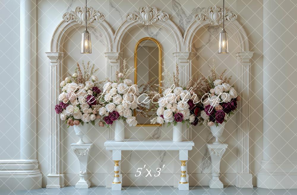 Kate Flower Arch Marble Columns Floral Vases Mirror Backdrop Designed by Mini MakeBelieve