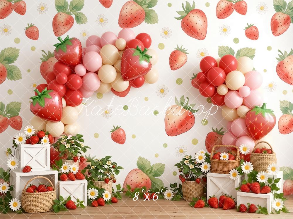Kate Summer Strawberry Balloon Arch Daisy Basket Printed Backdrop Designed by Emetselch