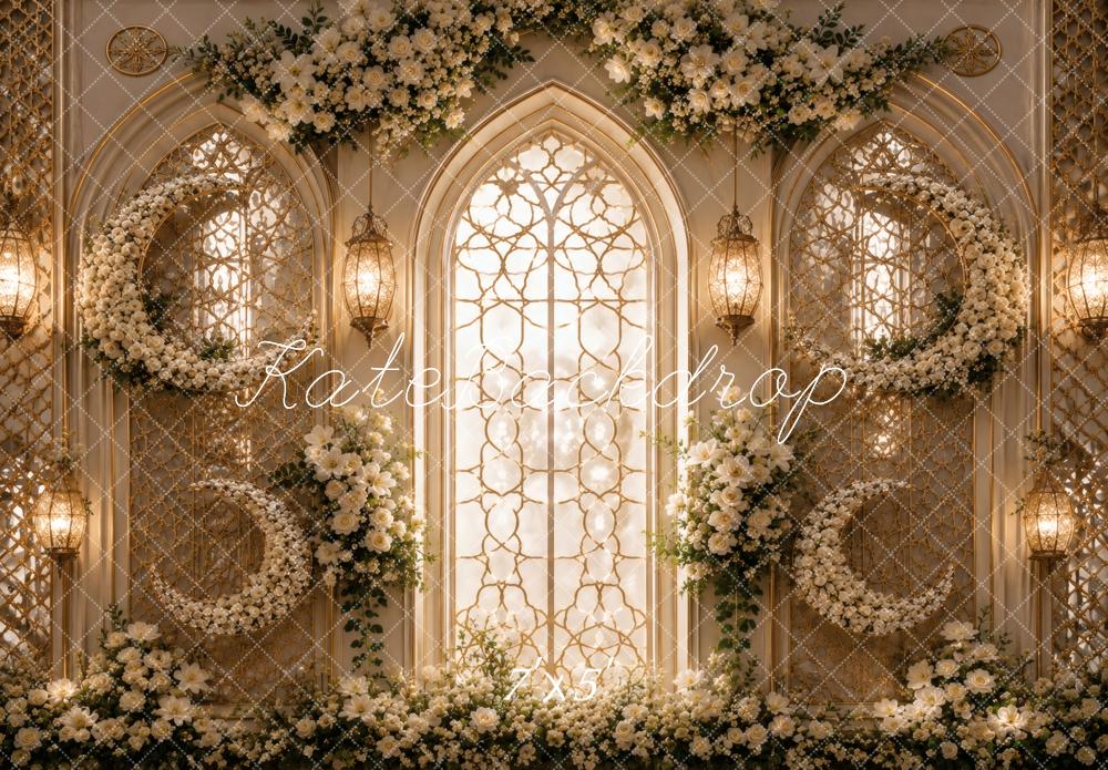 Kate Celestial Crescent Moon Floral Arch Window Printed Backdrop Designed by Vertigo Productions