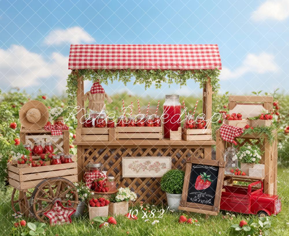 Kate Summer Strawberry Market Stand Wagon Crates Gingham Printed Backdrop Designed by Emetselch