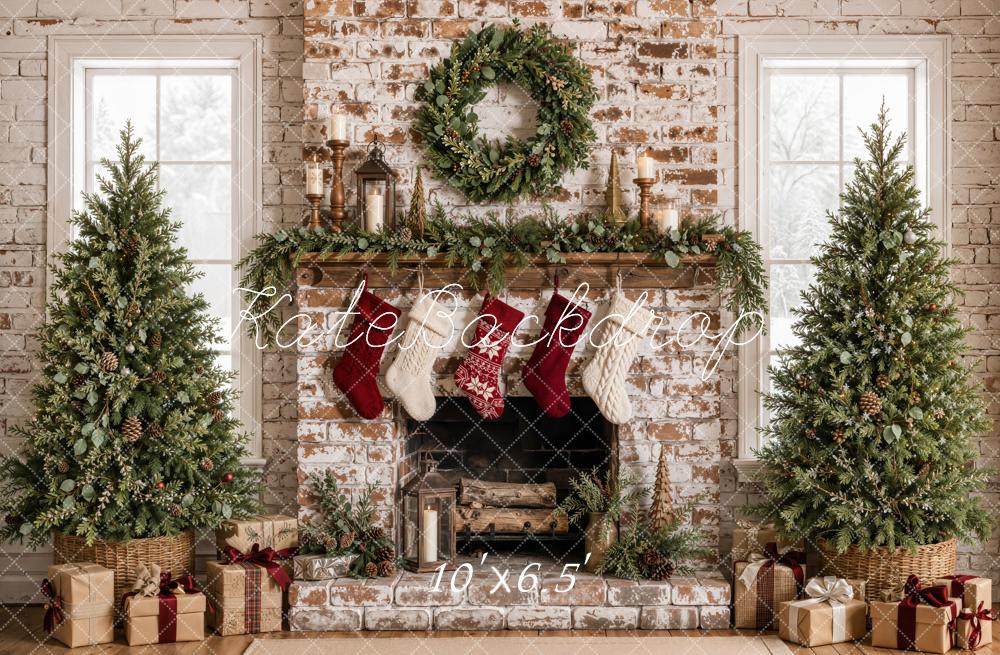 Kate Christmas Distressed Brick Fireplace Christmas Trees Wreath Printed Backdrop Designed by Emetselch