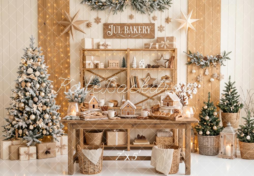 Kate Christmas Kitchen Bakery Gingerbread House Trees Neutral Printed Backdrop Designed by Patty Roberts