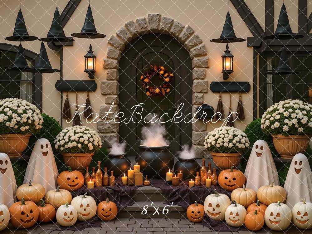 Kate Halloween Porch Ghosts Pumpkins Cauldron Witches Hats Backdrop Designed by Mini MakeBelieve