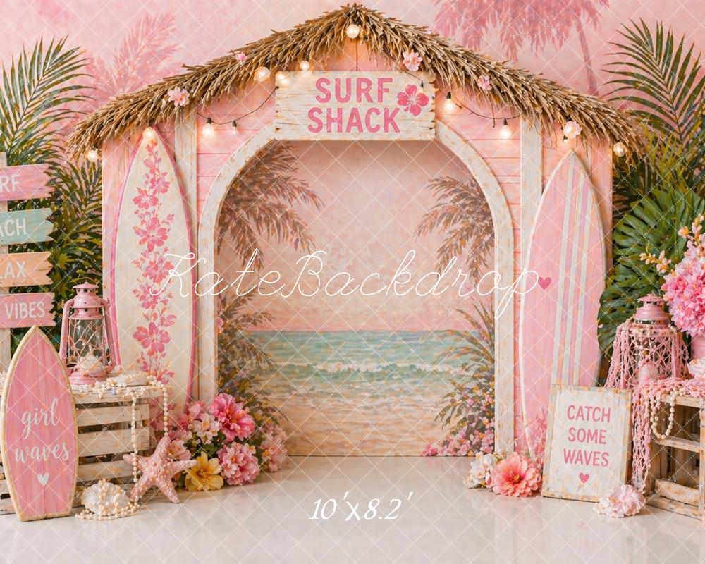 Kate Summer Beach Arch Pink Surfboards Flowers Printed Backdrop Designed by Caitlin Lynch