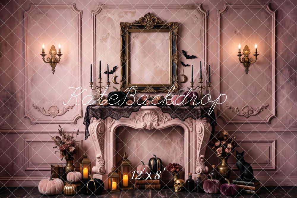 Kate Halloween Pink Gothic Fireplace Vintage Mantel Framed Printed Backdrop Designed by Patty Roberts