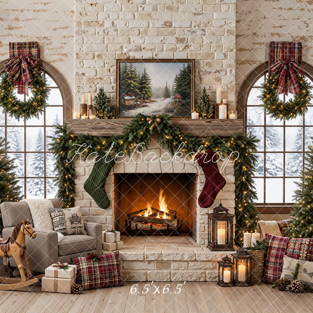 Kate Christmas Rustic Brick Fireplace Wreaths Red Plaid Decor Printed Backdrop Designed by Emetselch