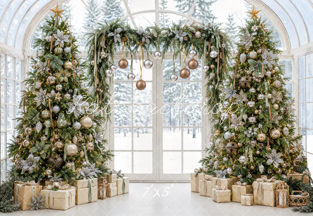 Kate Christmas Greenhouse Trees Garland Gifts Gold Ornaments Printed Backdrop Designed by Emetselch