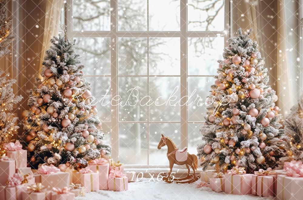 Kate Christmas Trees Snowy Pink Ornaments Gifts Window Rocking Horse Backdrop Designed by Patty Roberts