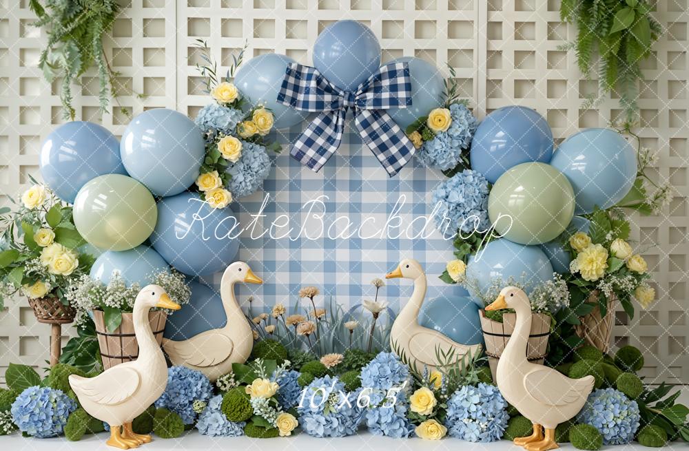 Kate Cake Smash Blue Balloons Silly Goose Florals Gingham Bow Backdrop Designed by Emetselch