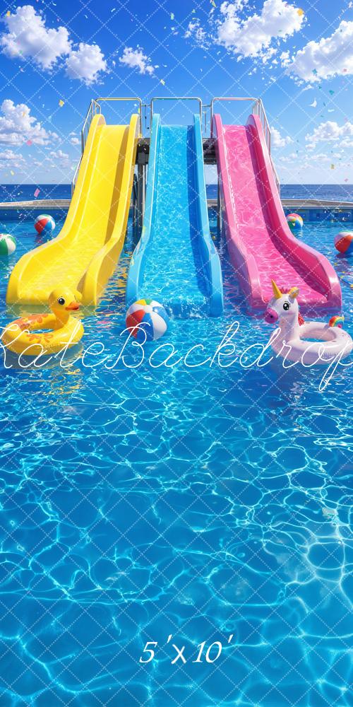 Kate Sweep Summer Water Slides Swimming Pool Balls Pool Floats Printed Backdrop Designed by Emetselch