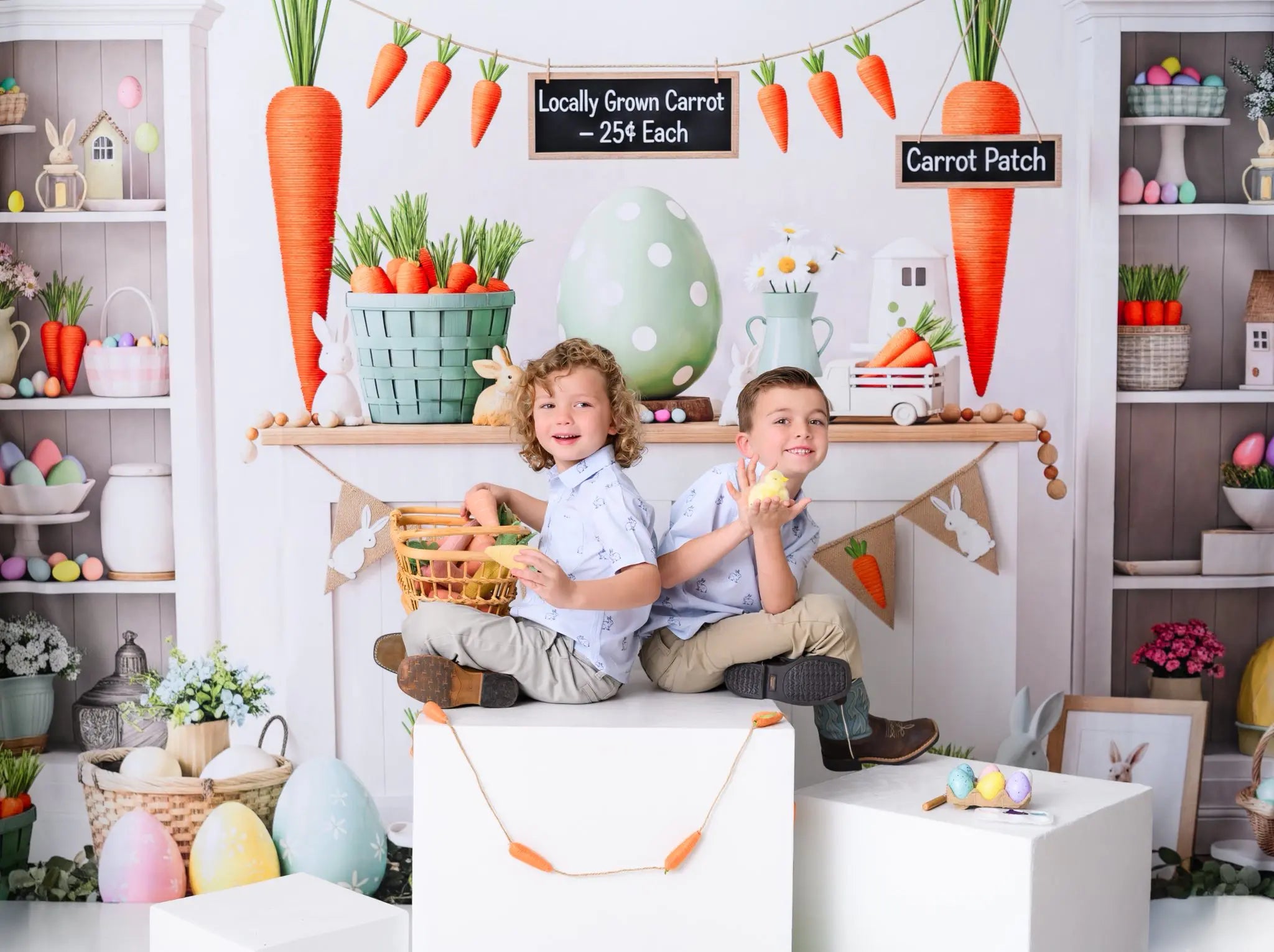 Kate Easter Bunny Carrot Patch Pastel Eggs Fireplace Backdrop Designed by Patty Roberts