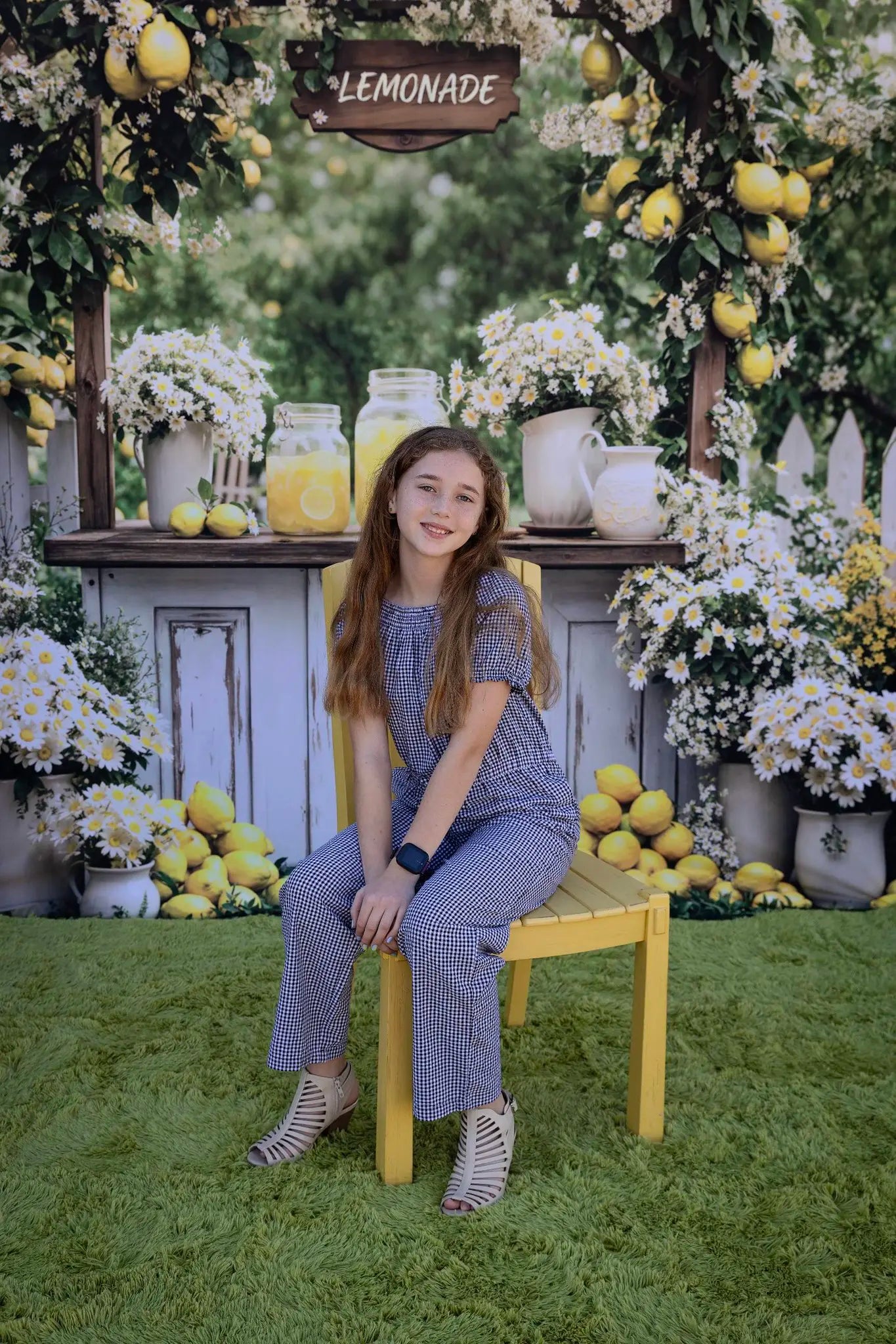 Kate Summer Lemonade Stand Lemons White Flowers Garden Printed Backdrop Designed by Emetselch