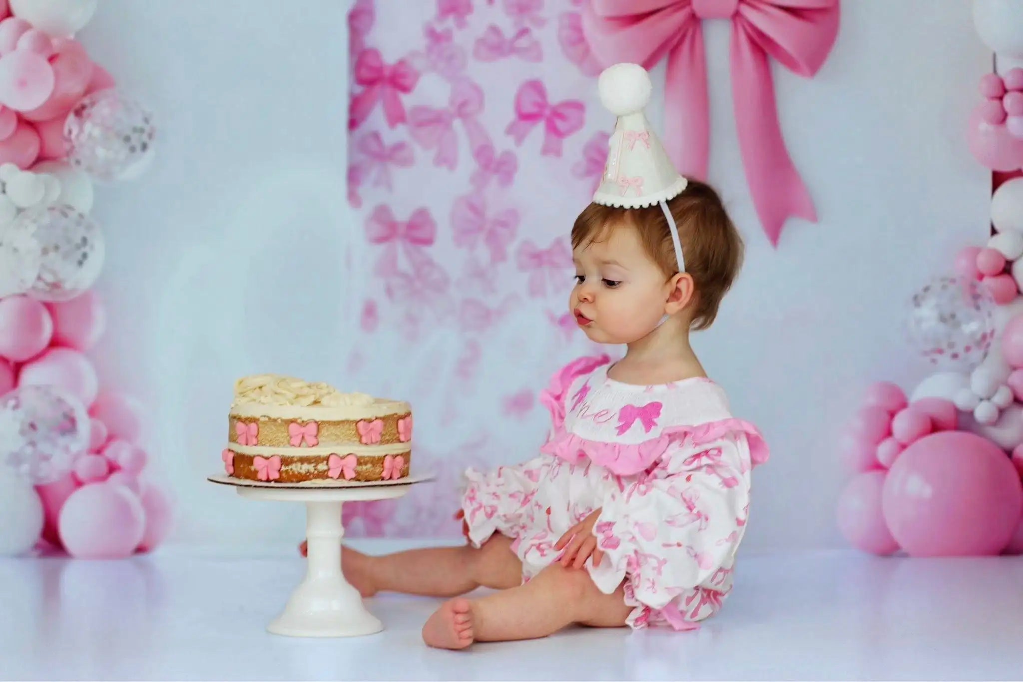 Kate Birthday Pink Bows Balloons Arch Printed Backdrop Designed by Patty Roberts