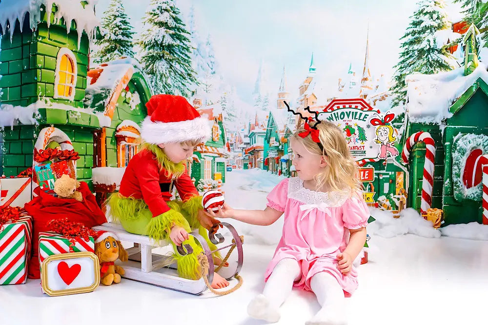 Kate Christma Village Candy Cane Snowy Backdrop Designed by Emetselch