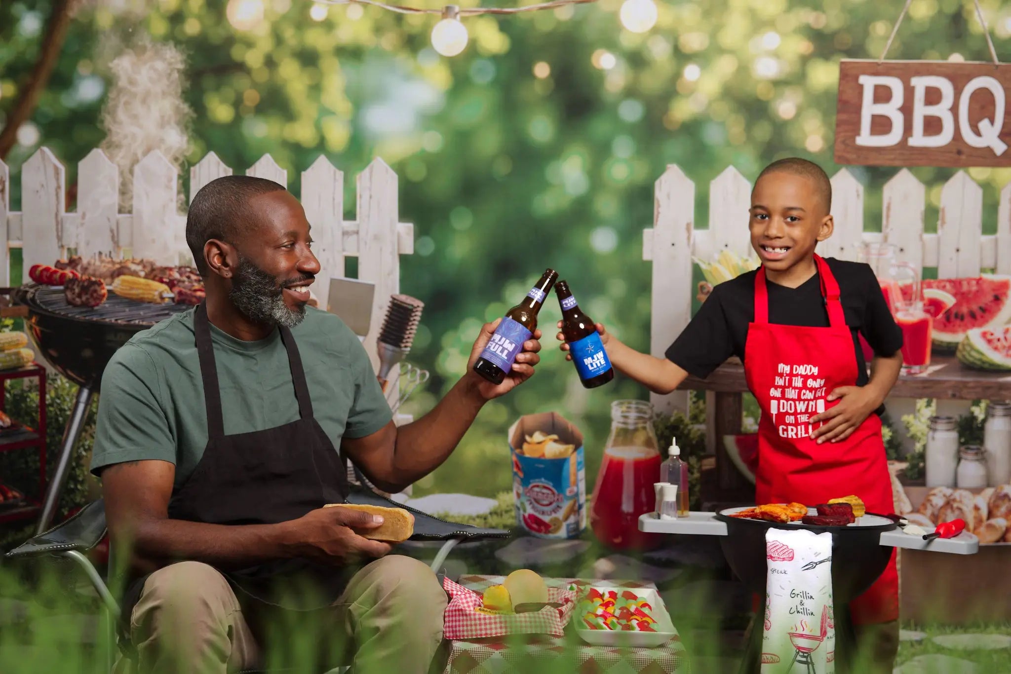 Kate Summer BBQ Grill Picnic White Picket Fence String Lights Printed Backdrop Designed by Chain Photography